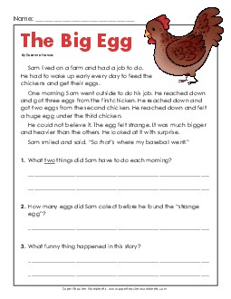 The Big Egg (Short Fiction) Free 2nd Grade Reading Comprehension ELA Worksheet