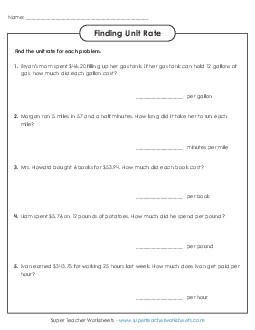 Unit Rate 6th Grade Math Worksheet