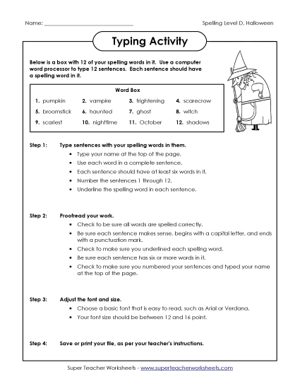 Typing Sentences (D-Halloween) Spelling D Worksheet