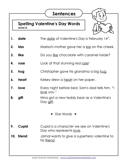 Spelling Test Sentences (A-Valentine\'s Day)