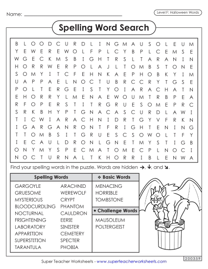 Word Search (Halloween) Spelling F Worksheet