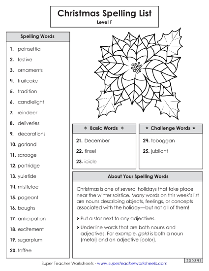 Spelling Word List (Christmas) Spelling F Worksheet