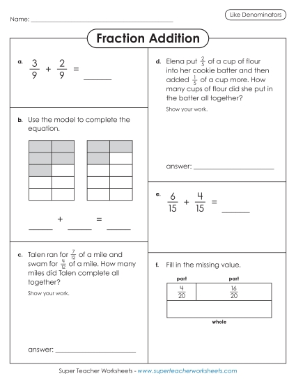 Variety Worksheet: Fraction Addition (Like Denominators)