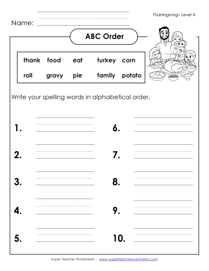 ABC Order: Write List (A-Thanksgiving)  Spelling A Worksheet