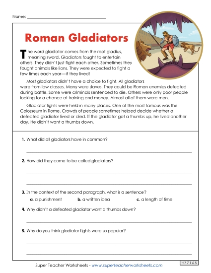 Roman Gladiators (Short Reading Comp)