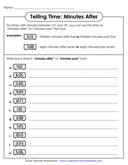Telling Time Worksheet (Minutes After)