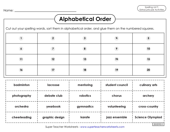 Alphabetical Order: Cut-Glue (Extracurriculars)