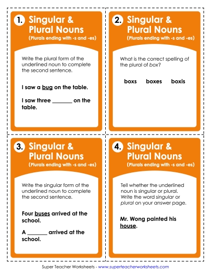 Task Cards: Singular and Plural Nouns<br>(Nouns ending in -s and -es)