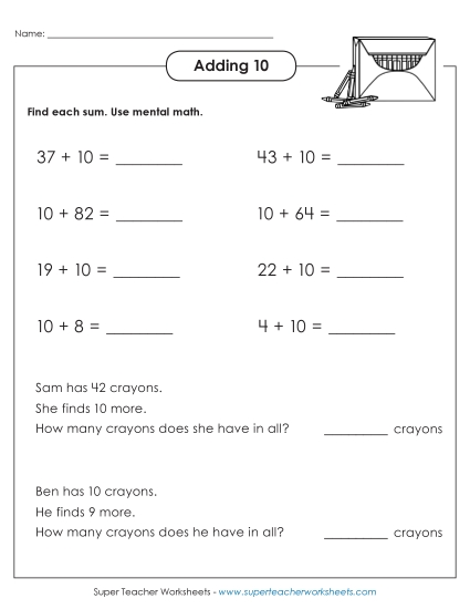 Adding 10 (Horizontal w/ Word Problems)