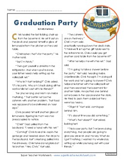 Grad Party (Fiction) 5th Grade Reading Comprehension ELA Worksheet