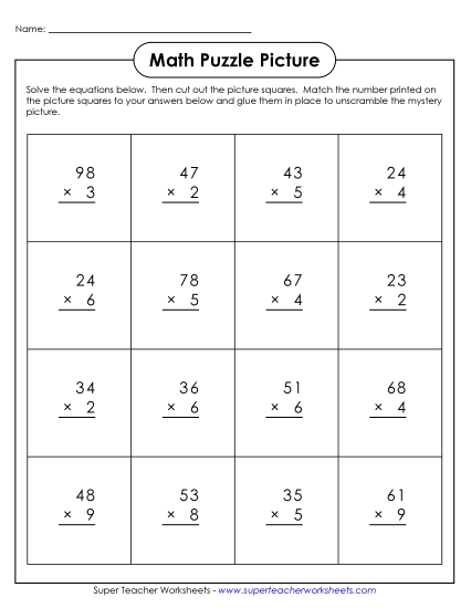 Math Puzzle Picture (Cut-and-Glue): 2-Digit by 1-Digit Multiplication Worksheet