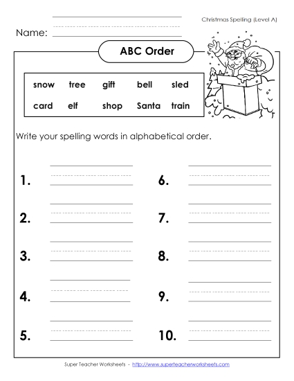 ABC Order: Write List (A-Christmas)  Spelling A Worksheet