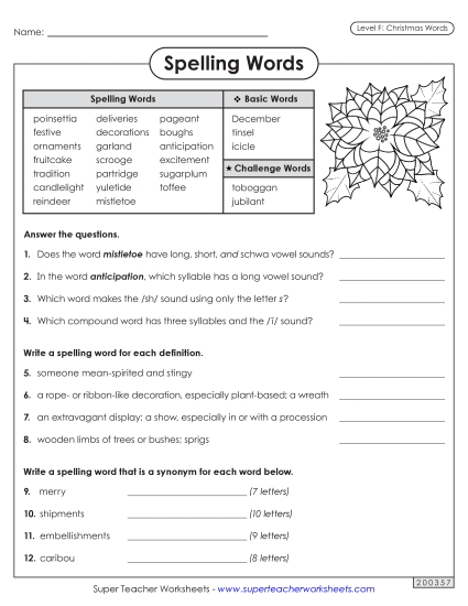 Question Worksheet (Christmas) Spelling F Worksheet