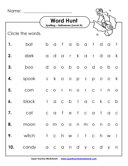 Horizontal Word Search (A-Halloween) Spelling A Worksheet