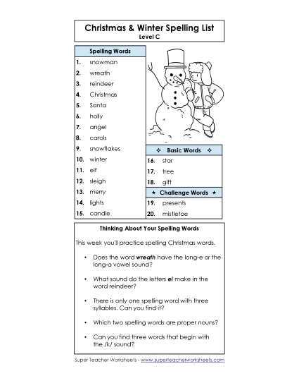 Winter & Christmas Spelling List (C-Christmas)  Spelling C Worksheet