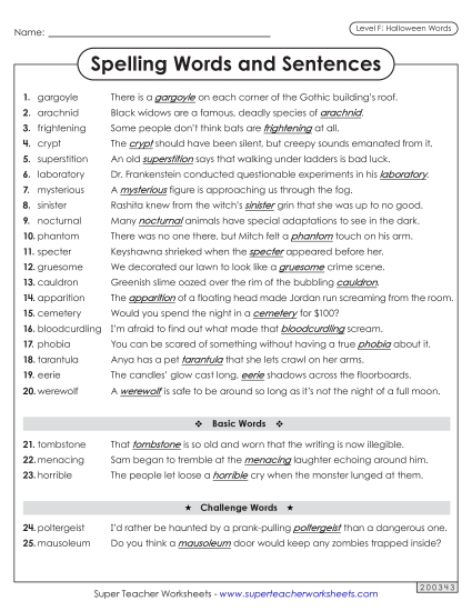 Spelling Sentences (Halloween) Spelling F Worksheet