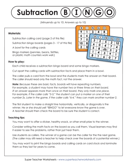 Subtraction Bingo<br>(Basic Facts Within 10)