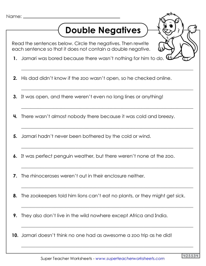Rewriting Sentences with Double Negatives<br>Worksheet 2