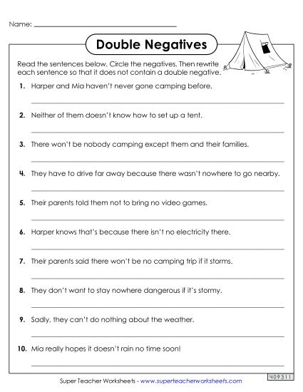 Rewriting Sentences with Double Negatives<br>Worksheet 1