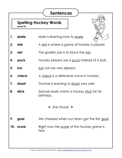 Spelling Test Sentences (A-Hockey Words) 