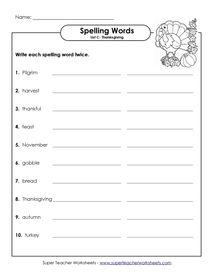 Write Two Times (C-Thanksgiving)  Spelling C Worksheet