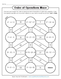 Order of Operations Maze 6th Grade Math Worksheet