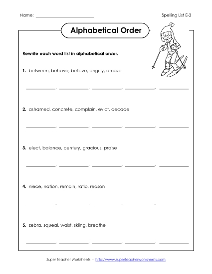 Alphabetical Order Worksheet (E-3)