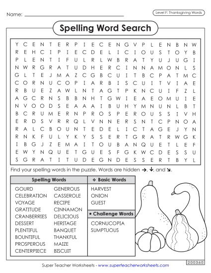 Word Search (Thanksgiving) Spelling F Worksheet