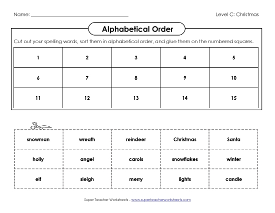ABC Order: Cut and Glue (C-Christmas)  Spelling C Worksheet