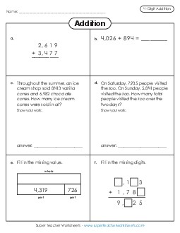 Mixed Skill Practice: 4-Digit Addition Free 3rd Grade Math Worksheet