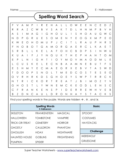 Word Search  Spelling E Worksheet
