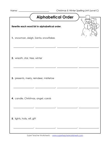 Alphabetical Order (C-Christmas)  Spelling C Worksheet