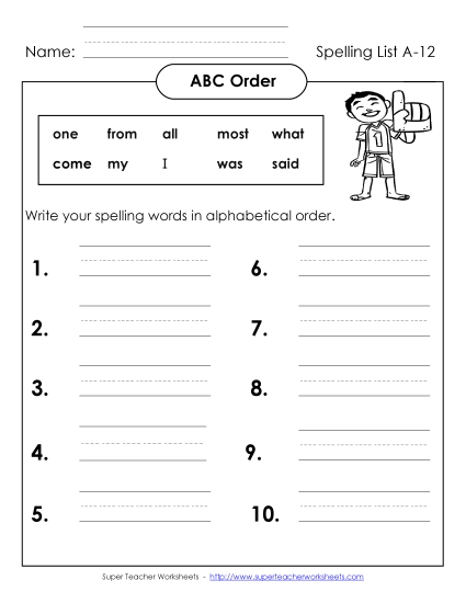 ABC Order: Write List (A-12)