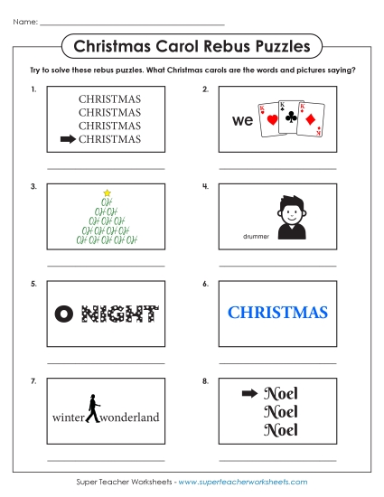 Rebus Puzzles (Christmas Carols) Brainteasers Worksheet