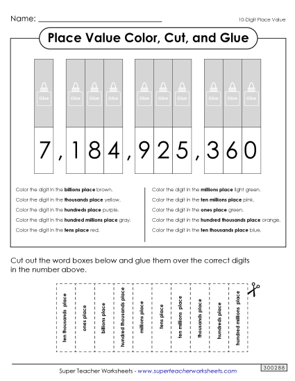 Place Value Color, Cut, and Paste Activity (10 digits)