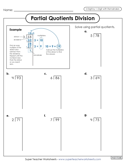 Partial Quotients<br>2-Digit by 1-Digit Division (with Remainders)