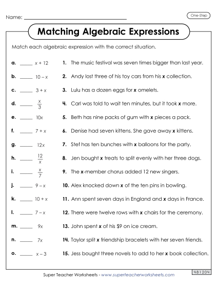 Matching Algebraic Expressions (One Step)