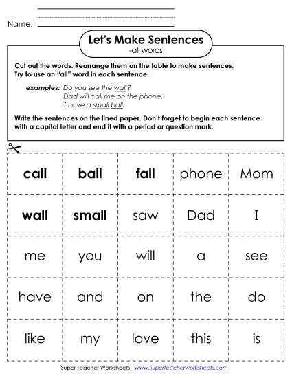 Make Sentences: Word Cards (-all)