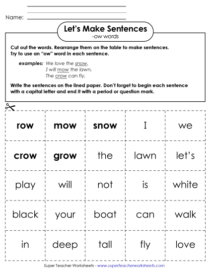 Make Sentences: Word Cards (-ow)