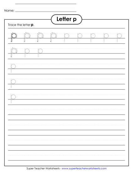 Lowercase p (Smaller Font Size) Alphabet Worksheet