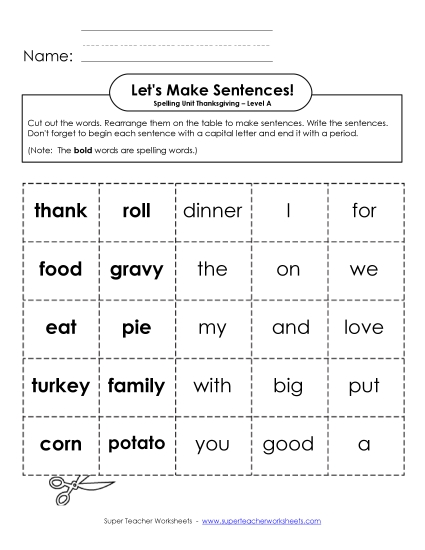 Let\'s Build Sentences (A-Thanksgiving)  Spelling A Worksheet