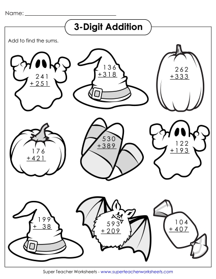 3-Digit Halloween Addition  Worksheet