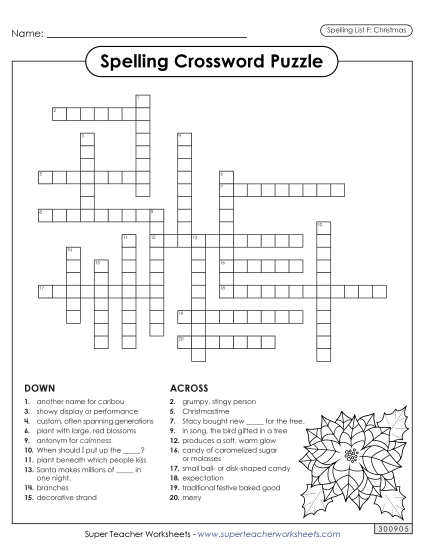 Crossword (Christmas) Spelling F Worksheet