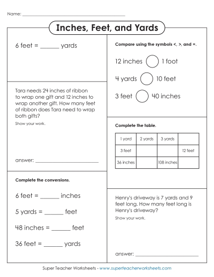 Inches, Feet, and Yards Variety Worksheet (Basic)