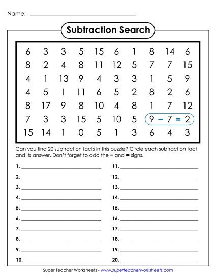 Subtraction Number Search 