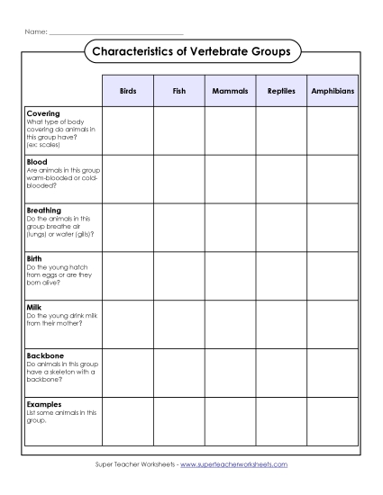 Characteristics of Vertebrates (Table)