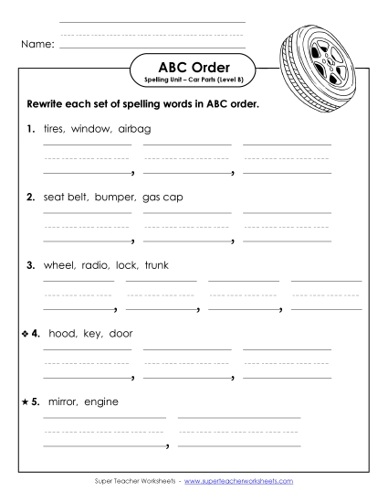 ABC Order - Word Sets (B-Car Parts) 