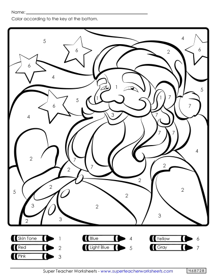 Color-by-Number Picture: Santa Christmas Worksheet