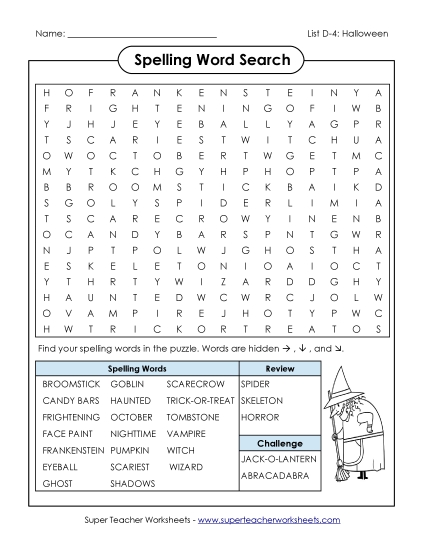 Halloween Word Search (D-Halloween)  Spelling D Worksheet