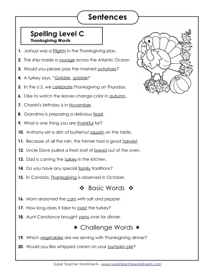 Spelling Test Sentences (C-Thanksgiving)  Spelling C Worksheet